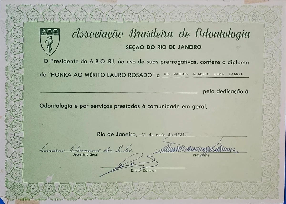 Diploma Honra ao Mérito Lauro Rosado, ABO-RJ, 1981