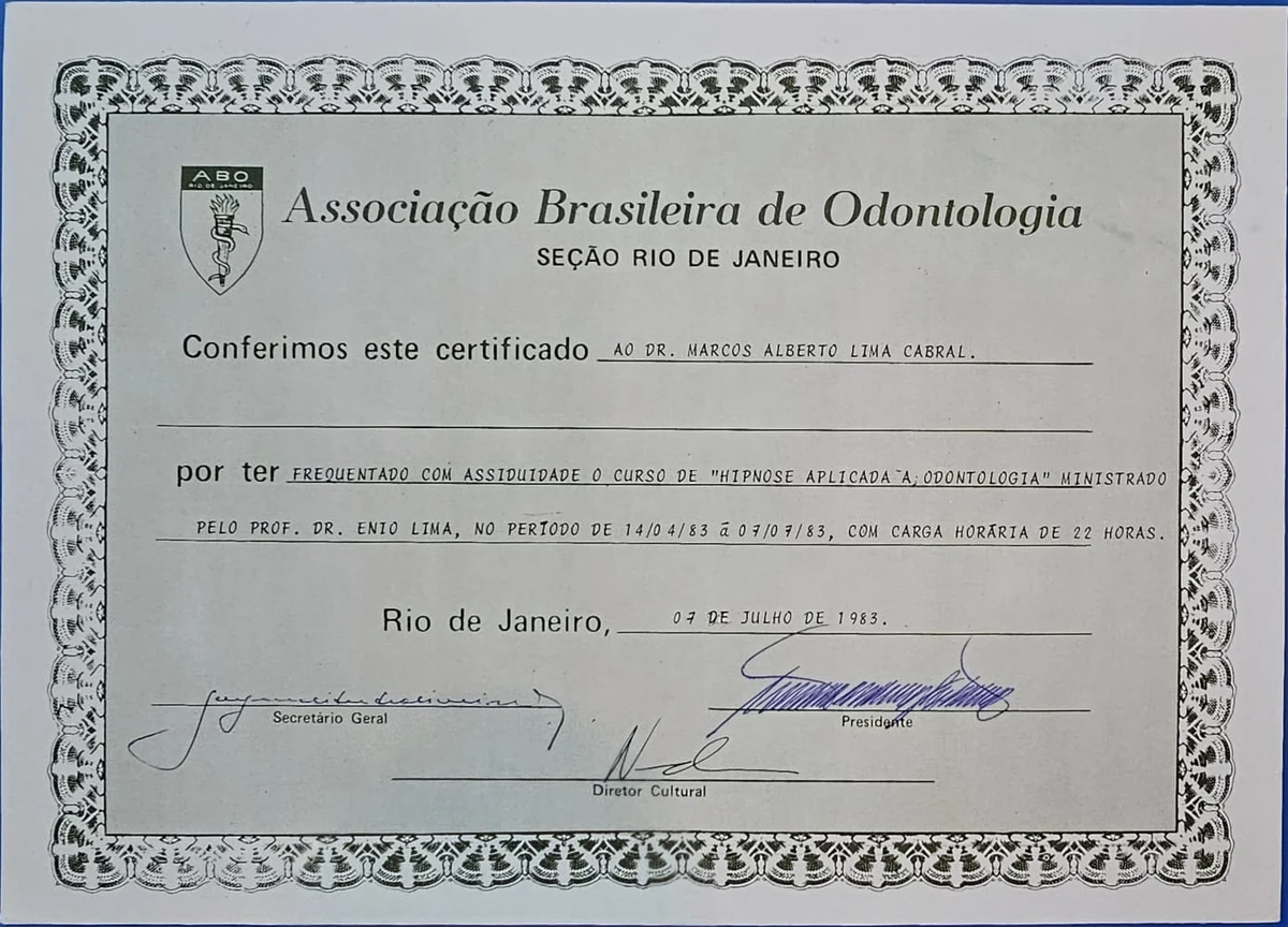 Certificado do curso de Hipnose Aplicada à Odontologia, ABO-RJ, 1983