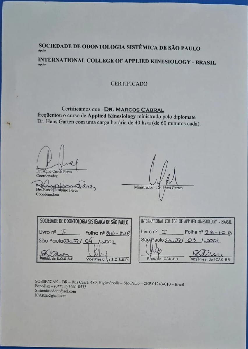 Certificado do curso de Applied Kinesiology, SOSSP e ICAK-BR, 2002