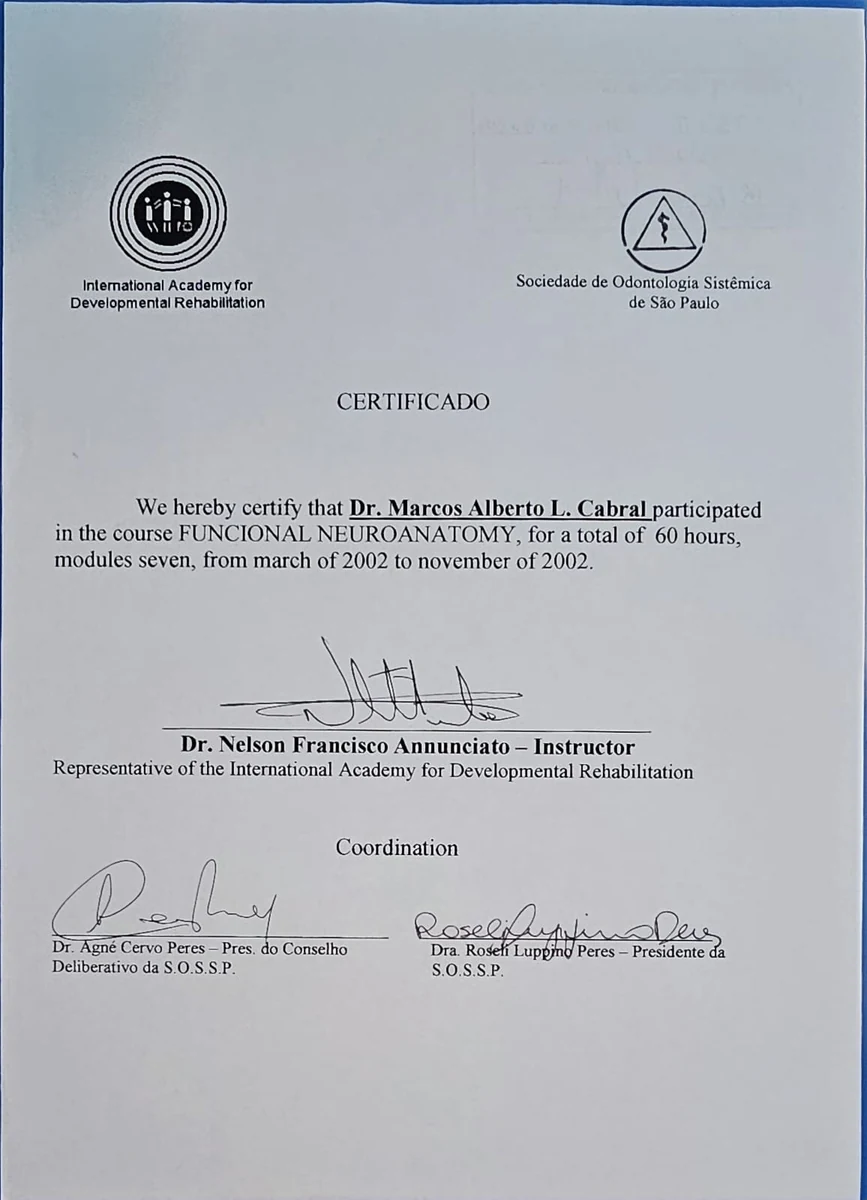 Certificado do curso de Neuroanatomia Funcional, IADR e SOSSP, 2002