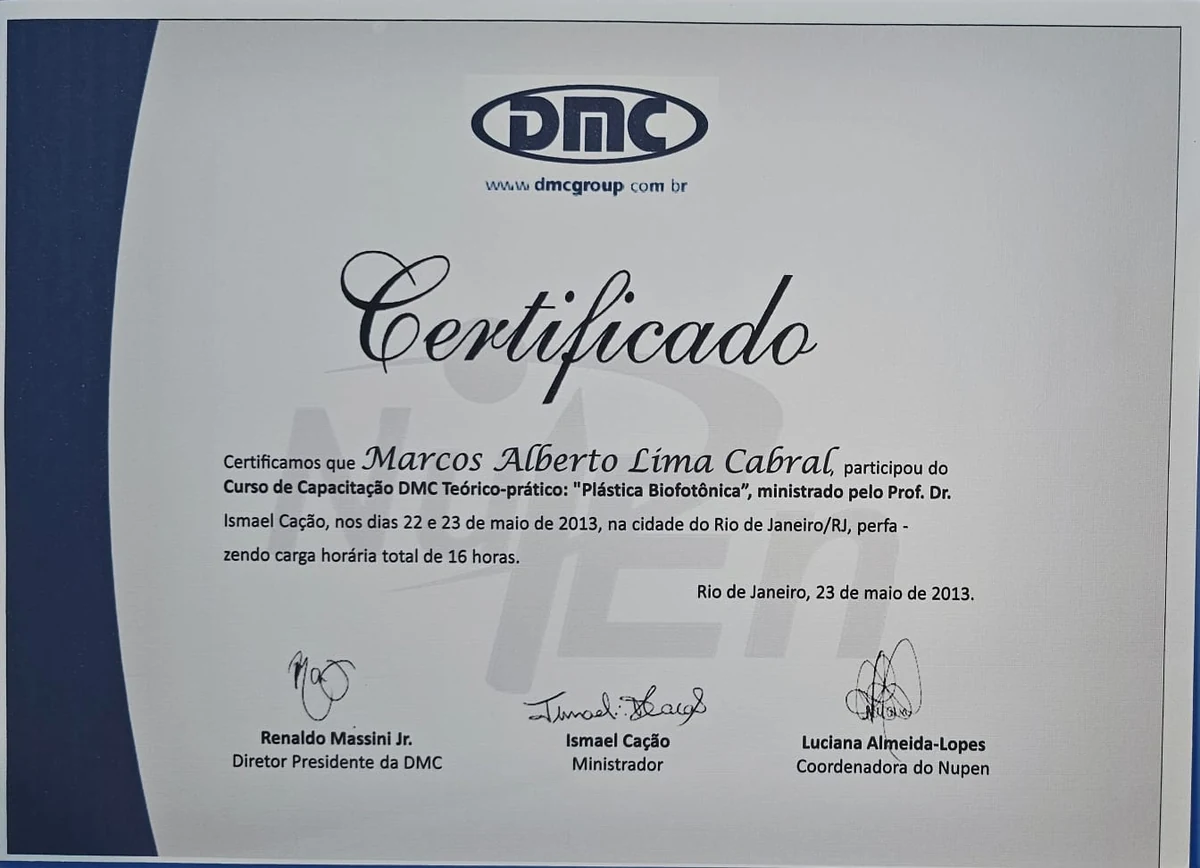 Certificado do curso Plástica Biofotônica, DMC, 2013