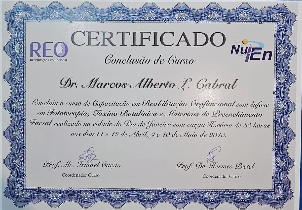 Certificado do curso de Reabilitação Orofuncional, REO e Nupen, 2013