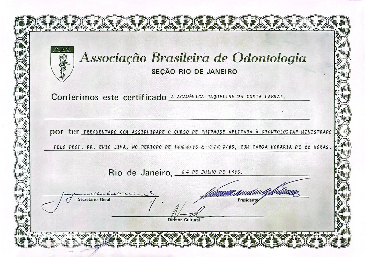 Certificado do curso de Hipnose Aplicada à Odontologia, ABO-RJ, 1983