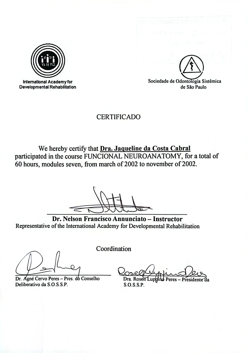 Certificado do curso de Neuroanatomia Funcional, IADR e SOSSP, 2002