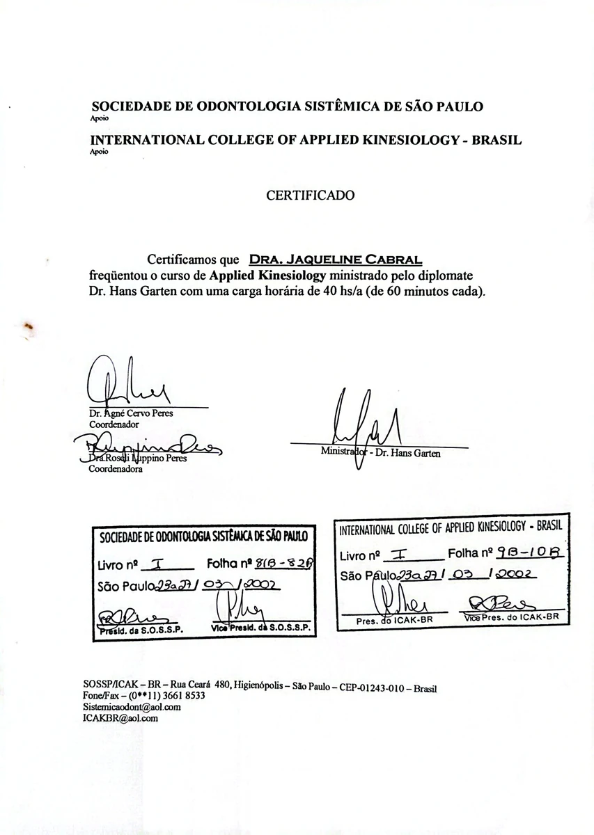 Certificado do curso de Applied Kinesiology, SOSSP e ICAK-BR, 2002