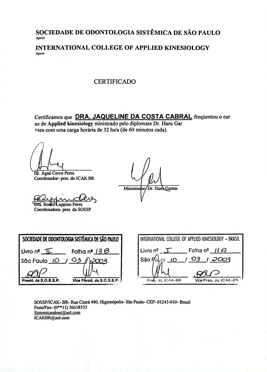 Certificado do segundo curso de Applied Kinesiology, SOSSP e ICAK-BR, registro de 2003