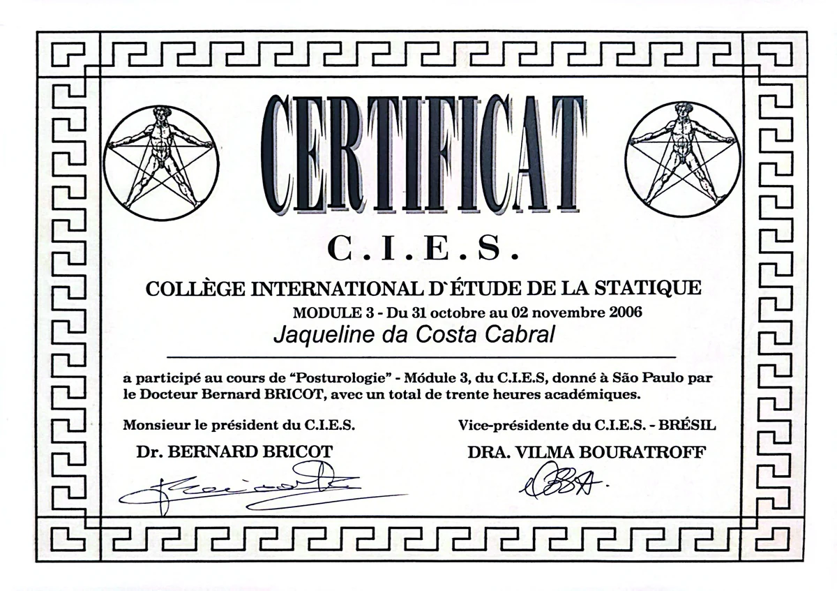 Certificado do módulo 3 de Posturologia, C.I.E.S., 2006