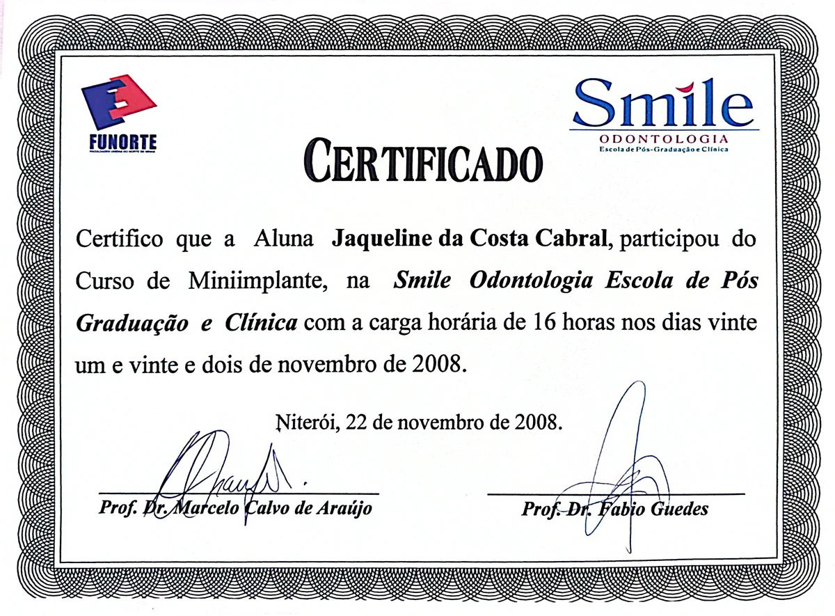 Certificado do Curso de Miniimplante, Smile Odontologia, 2008