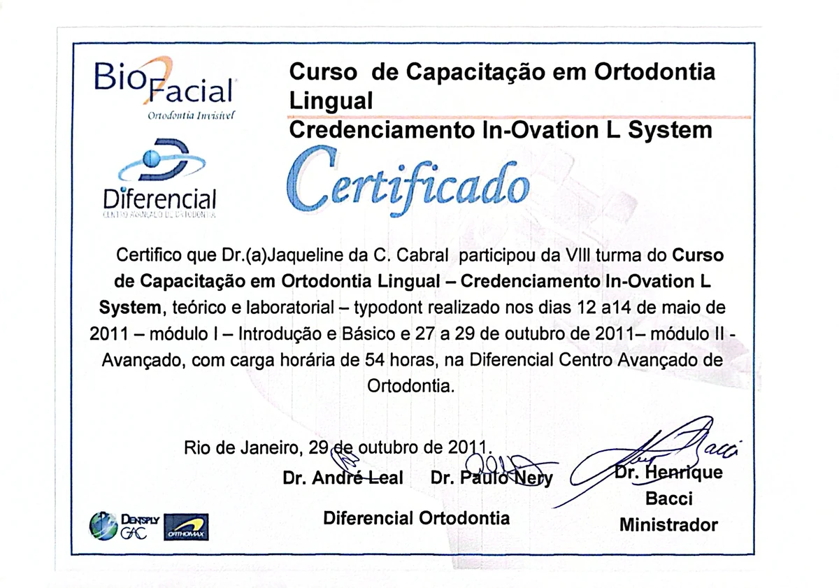 Certificado do Curso de Capacitação em Ortodontia Lingual, Diferencial, 2011