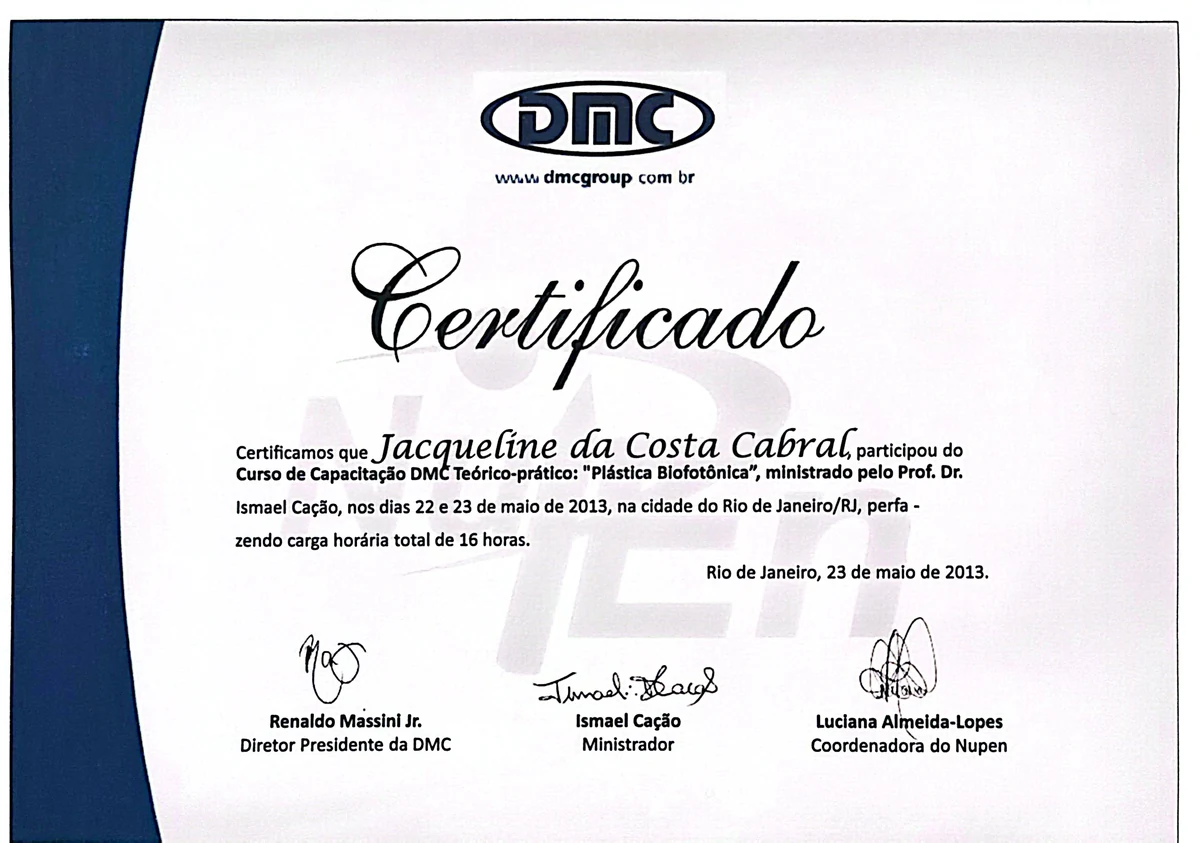 Certificado do curso Plástica Biofotônica, DMC, 2013
