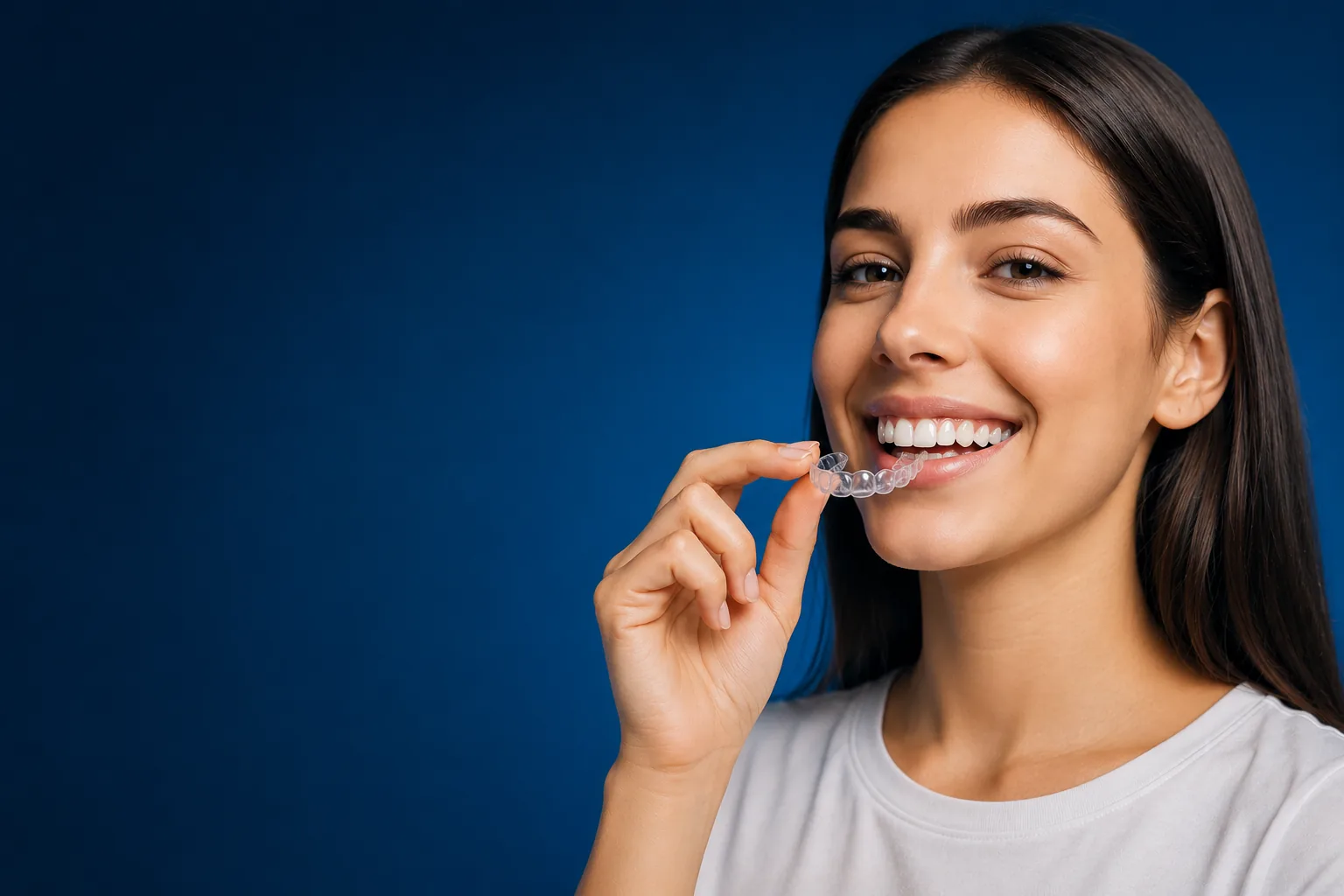 Mulher sorrindo, segurando um alinhador transparente